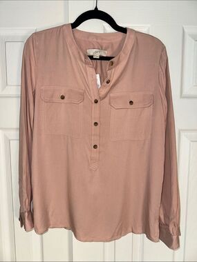 NWT LOFT Dusty Rose Henley Utility Blouse Flap Pockets Long Sleeve Safari